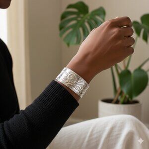 Embossed Floral Scroll Solid Sterling Silver Graduated Wide Cuff Bracelet